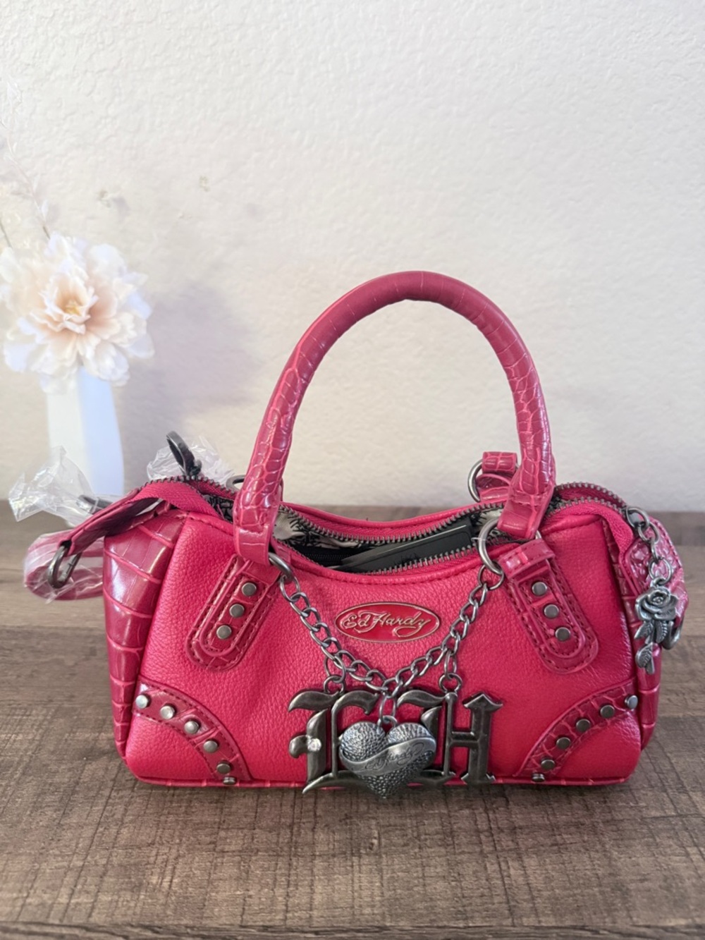 Ed Hardy Mini Satchel Handbag crocodile Texture Red